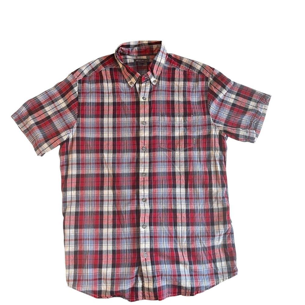 Eddie Bauer Men's Size TL Short Sleeve Red Blue Plaid Button‎ Up 100% Cotton